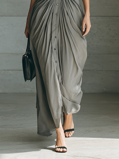Vestido maxi feminino de manga longa, com lapela, abotoamento simples e cinto
