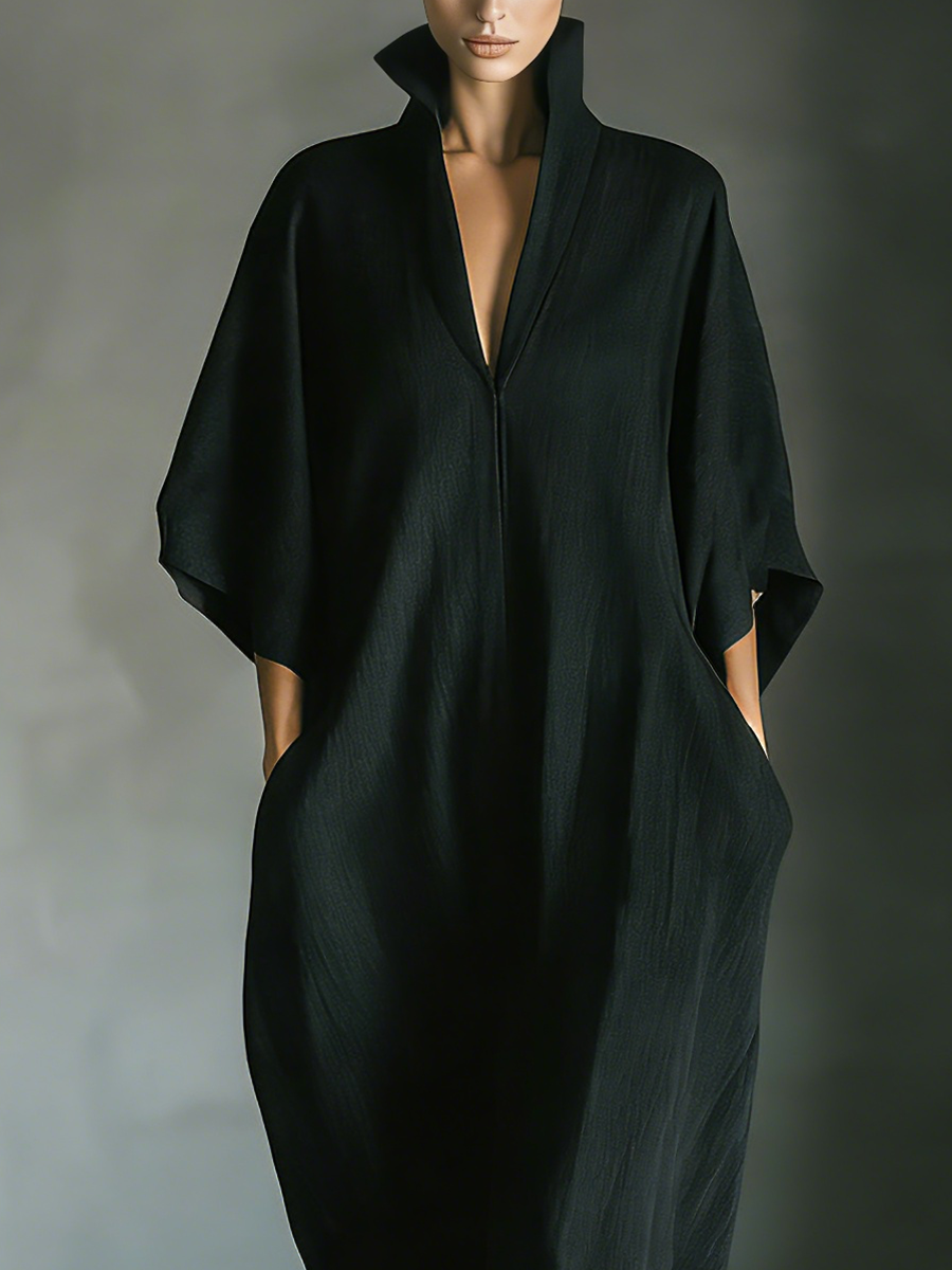 Vestido maxi feminino preto, de tecido misto de algodão, com mangas estilo quimono oversized e bolsos