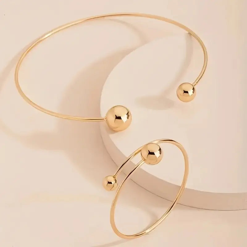 Minimalistisches Glow-Halsband- und Manschettenarmband-Set | Gold