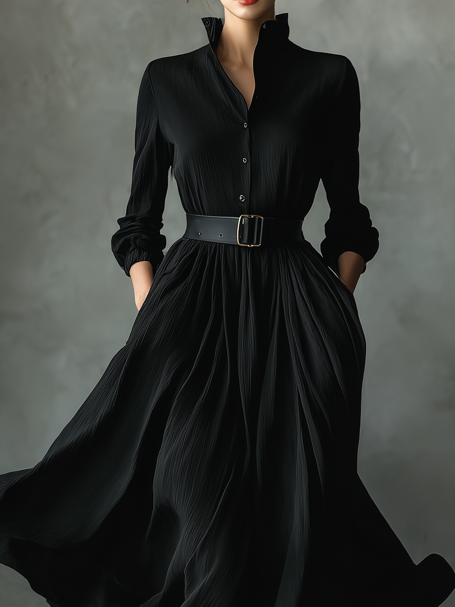 Vestido longo feminino vintage preto, de tecido misto texturizado e plissado