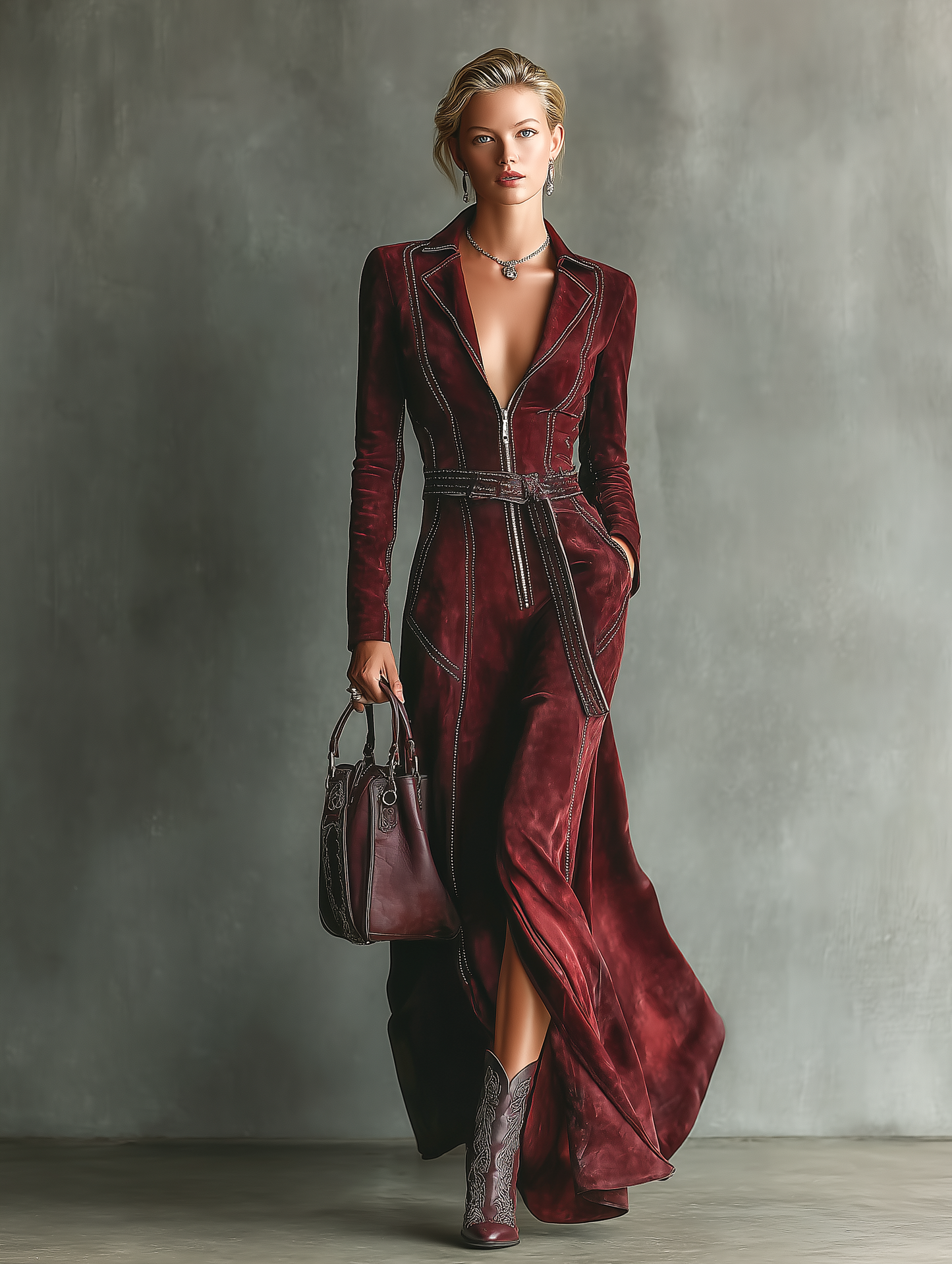 Women's Burgundy Retro Faux Suede Color-Contrast Maxi Dress