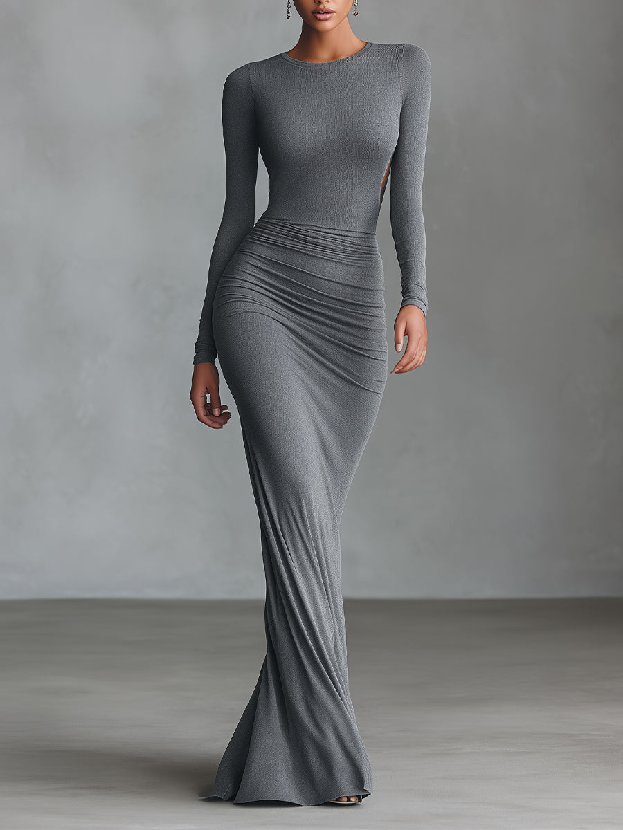 Elegantes graues Stretch-Maxikleid für Damen aus einer Polyester-Baumwoll-Mischung mit gerafftem Rückenausschnitt