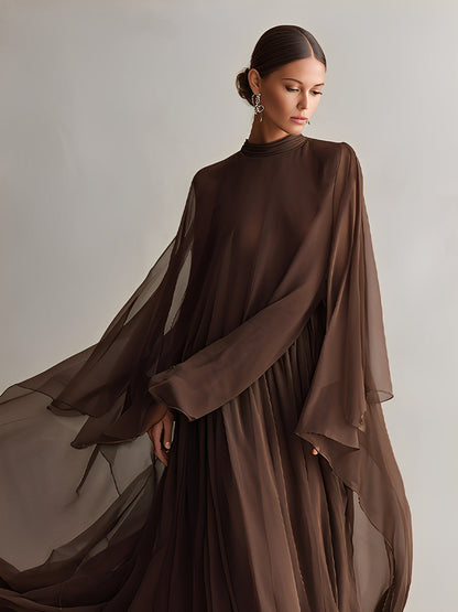 Women's Rich Brown Chiffon Dress With Flowy Maxi Silhouette & Cape-like Design, Modern Elegant-Glam Style Dress