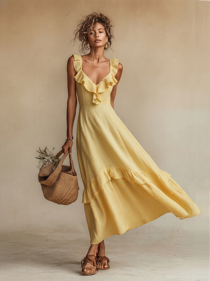 Gelbes Leinenkleid für Damen mit Volants am V-Ausschnitt und Saum – zeitloser Boho-Resort-Stil