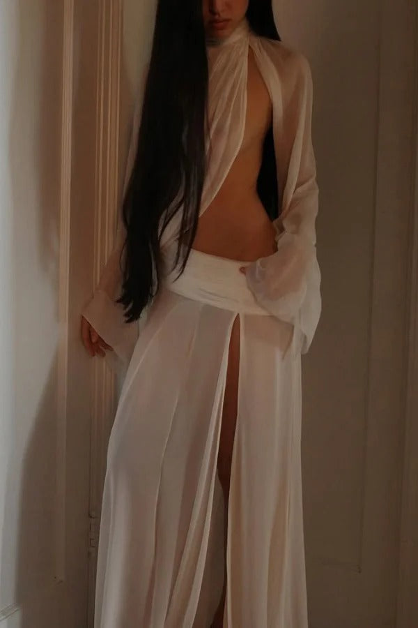 Lucia - Draped High-Neck Top and Slit Maxi Skirt Set