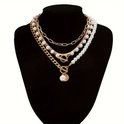 Juego de collares vintage de perlas y cadena de serpiente dorada | Dorado