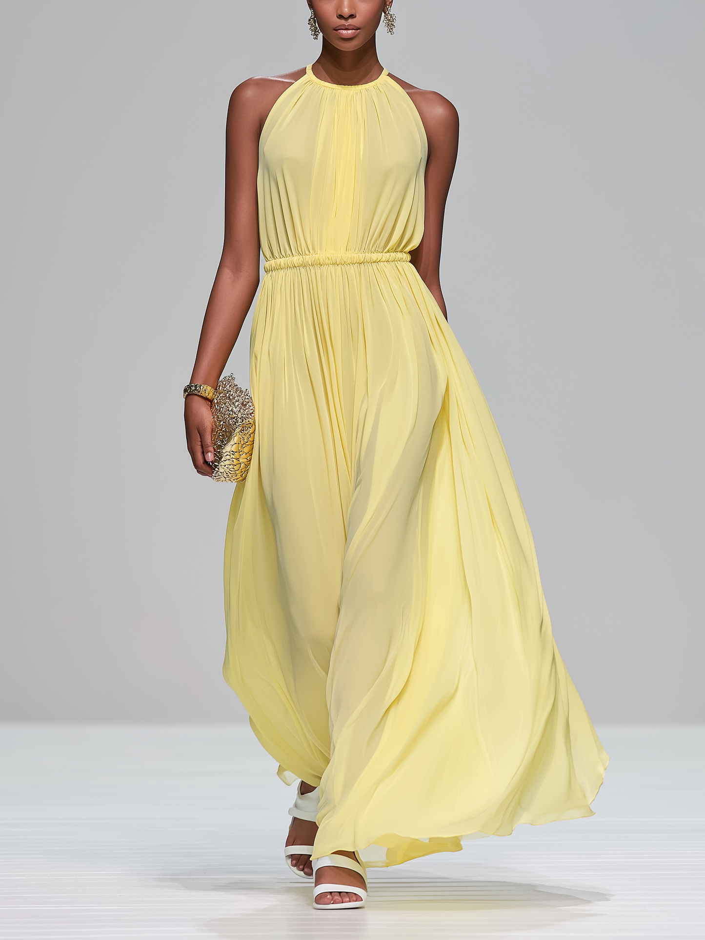 Elegantes, hellgelbes, ärmelloses langes Chiffonkleid mit Rundhalsausschnitt für Damen
