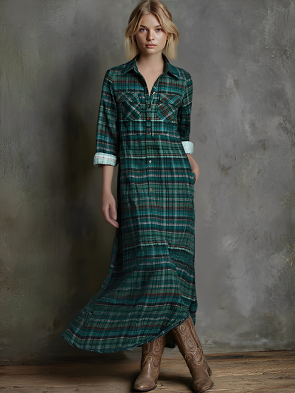 Maxikleid für Damen mit Karomuster und langen Ärmeln