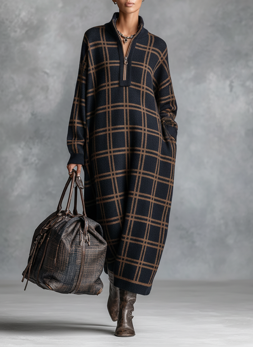 Vestido longo de tricô feminino, soltinho, xadrez e com zíper na gola