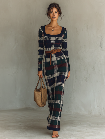 Vestido feminino minimalista longo de tricô xadrez, com cinto e decote quadrado