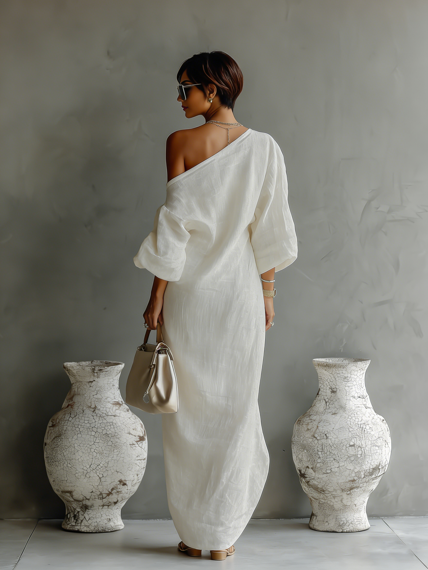 Vestido elegante feminino fluido de um ombro só, em mistura de algodão e linho branco-marfim