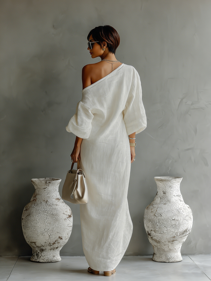 Vestido elegante feminino fluido de um ombro só, em mistura de algodão e linho branco-marfim