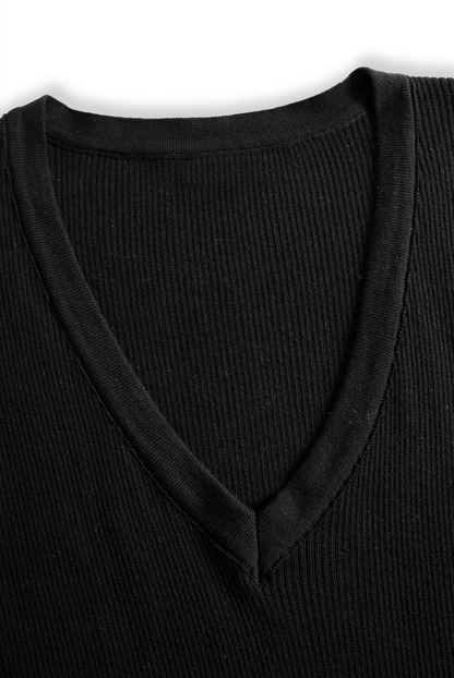 Vestido maxi feminino de tricô, justo, com decote em V e mangas longas (sem cinto)
