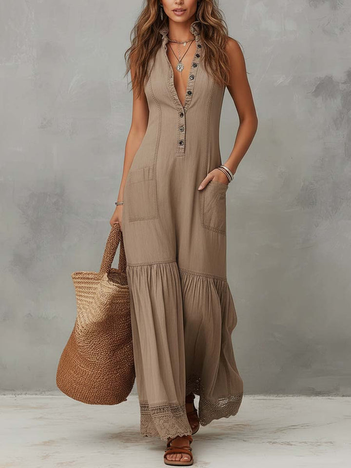 Vestido Longo Clássico Khaki de Algodão Puro sem Mangas