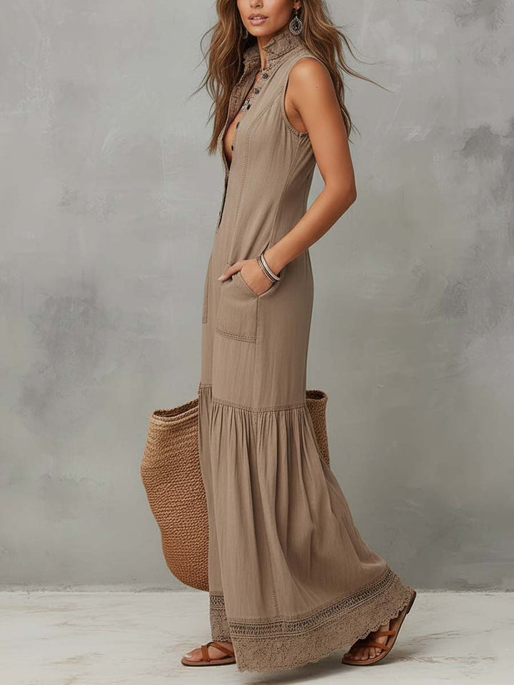 Vestido Longo Clássico Khaki de Algodão Puro sem Mangas