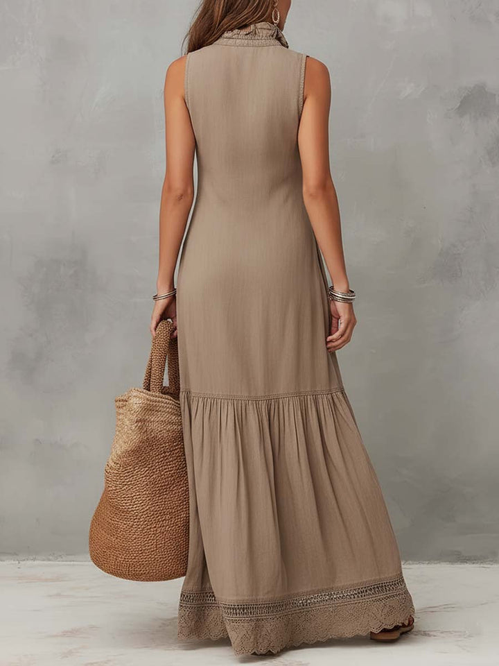 Vestido Longo Clássico Khaki de Algodão Puro sem Mangas
