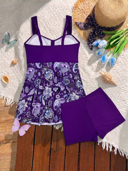 Floral V-Neck Swimdress & Two-Piece Tankini