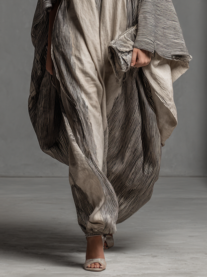 Vestido longo tipo kaftan feminino oversized, listrado, de algodão e linho, com decote em V e estilo boho