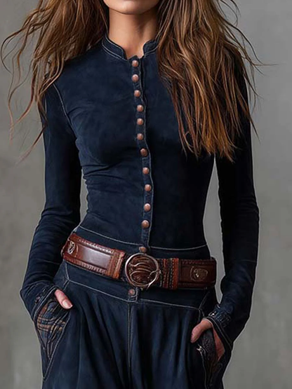 Vestido longo vintage de camurça azul-marinho com painéis xadrez (com cinto)