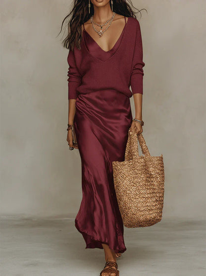 Elara | Midi-Satinkleid mit passendem Pullover