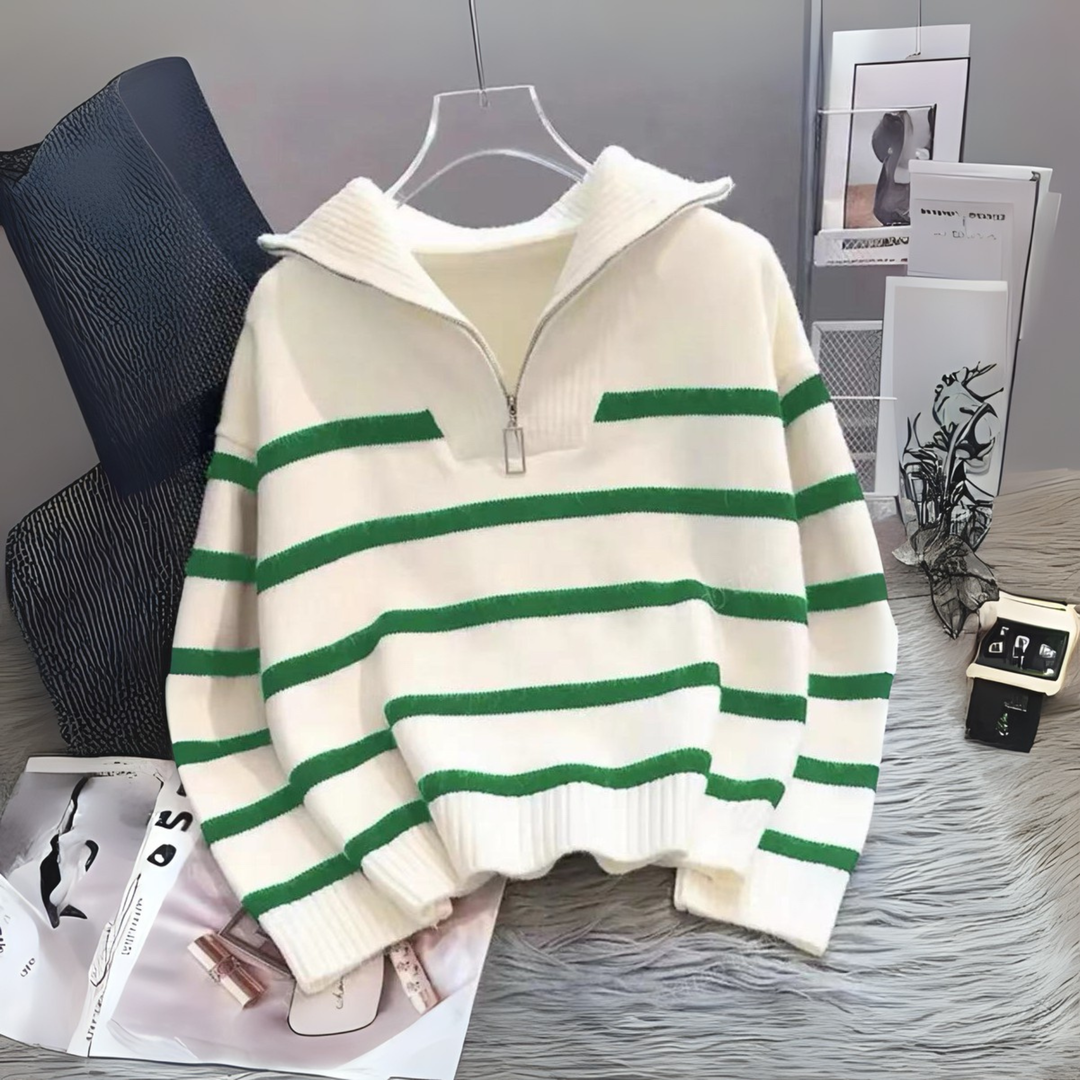 NEVAEH™ - Blusa Listrada Chic de Manga Longa com Gola