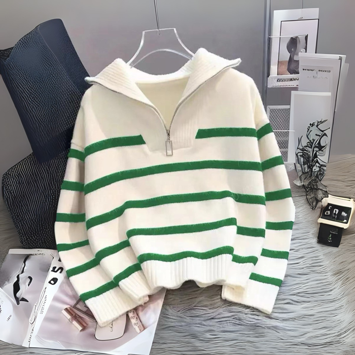 NEVAEH™ - Blusa Listrada Chic de Manga Longa com Gola