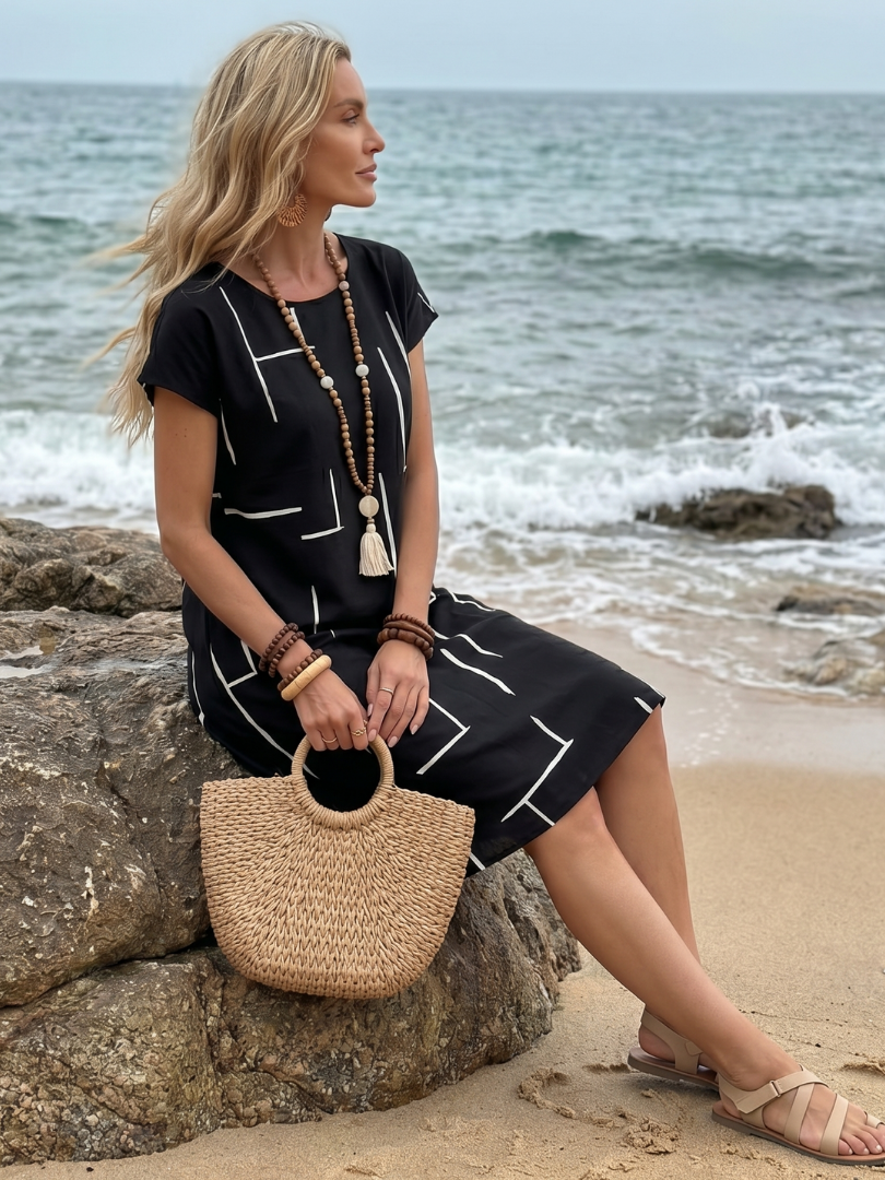 Adriana | Kurzärmeliges Kleid mit abstraktem Muster bis zum Knie