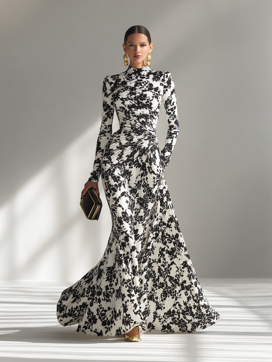 Women's Black And White Patterned Stretch Blend Wrap Dress