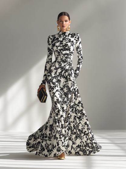 Women's Black And White Patterned Stretch Blend Wrap Dress