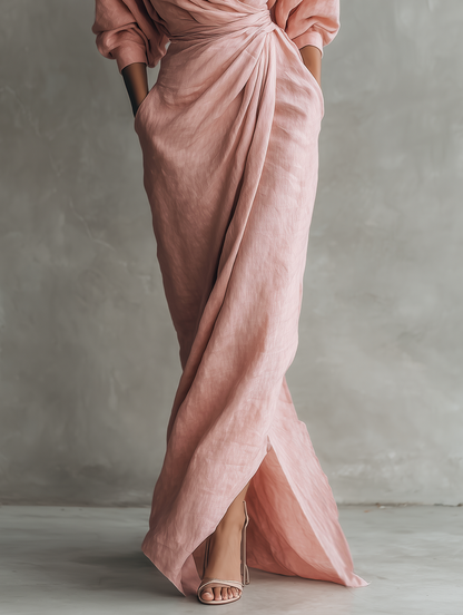 Vestido maxi minimalista para mujer con mezcla de lino y escote en V
