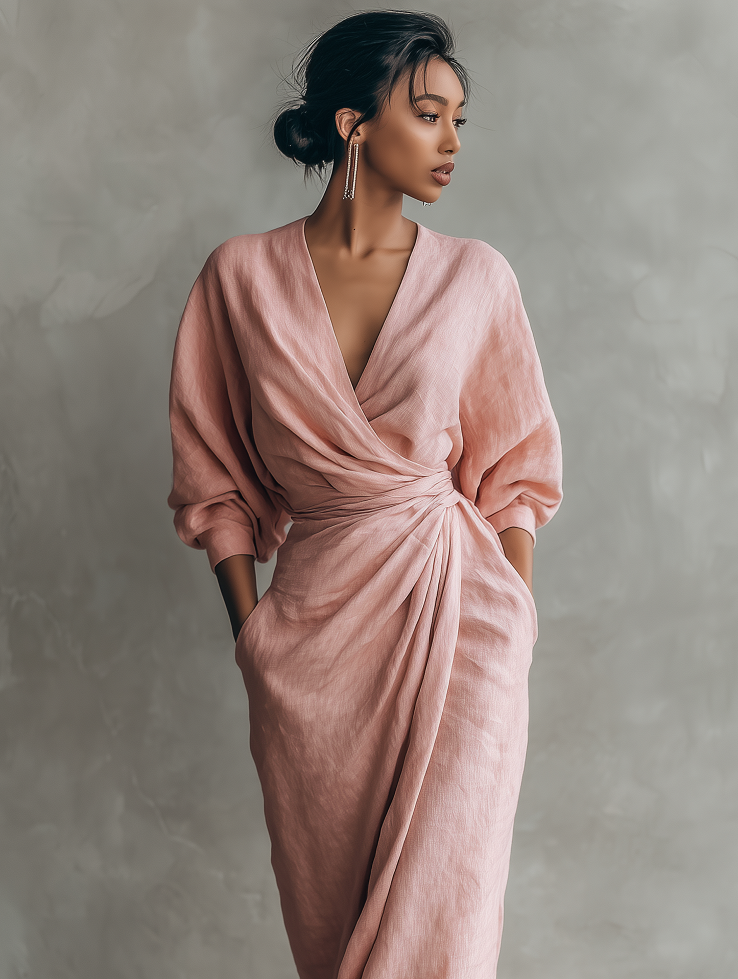Vestido maxi minimalista para mujer con mezcla de lino y escote en V
