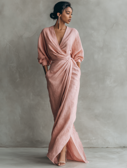 Vestido maxi minimalista para mujer con mezcla de lino y escote en V