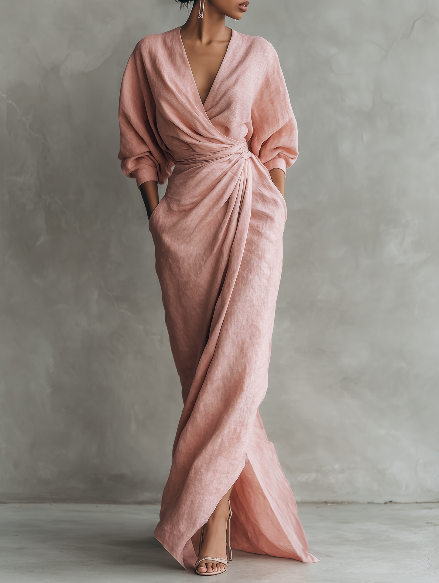 Vestido maxi minimalista para mujer con mezcla de lino y escote en V