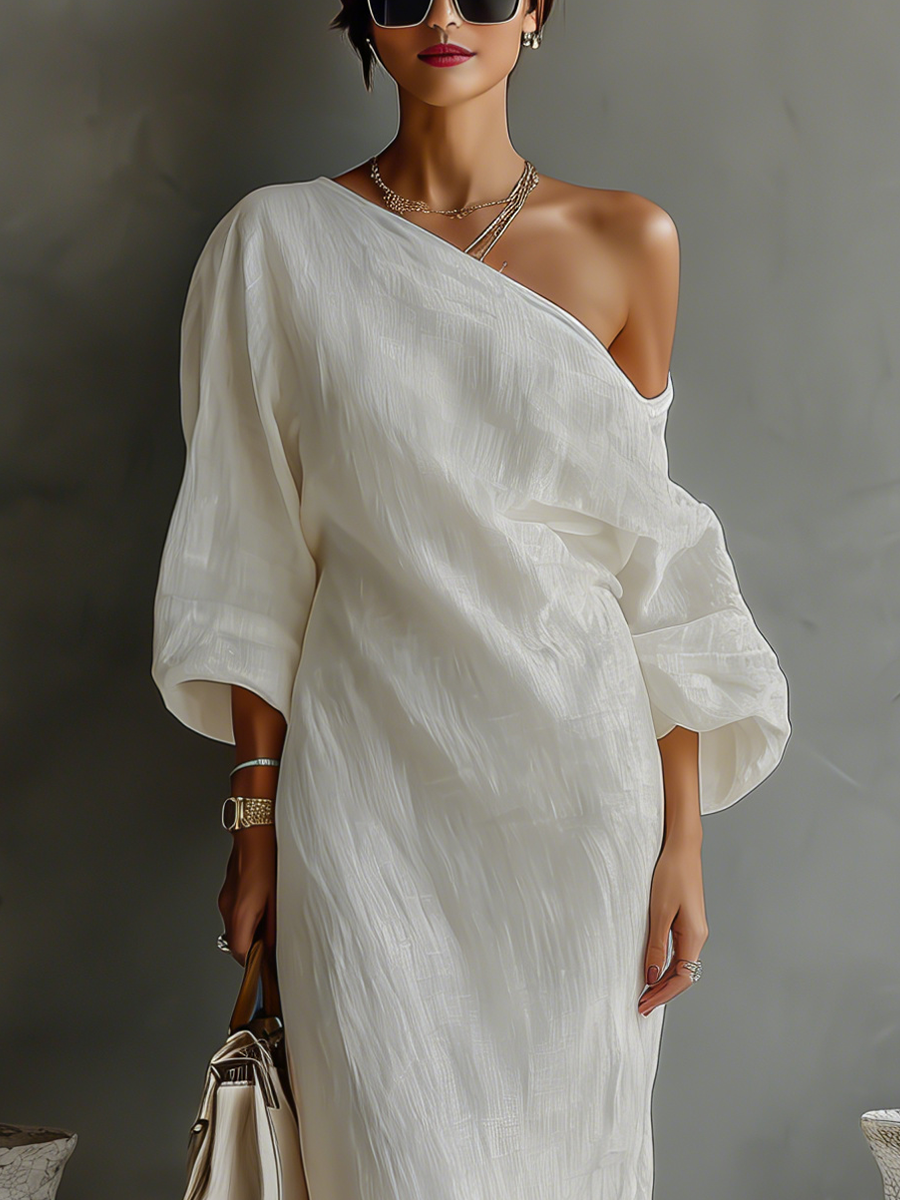 Vestido elegante feminino fluido de um ombro só, em mistura de algodão e linho branco-marfim