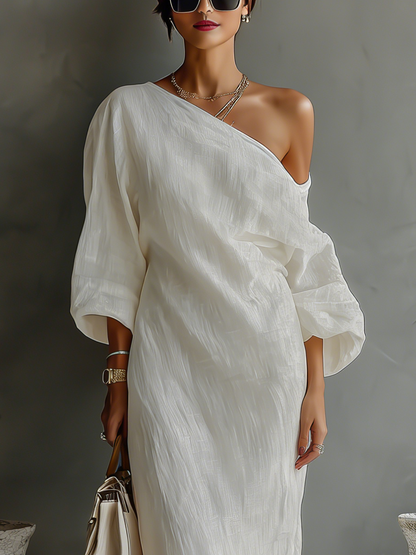 Vestido elegante feminino fluido de um ombro só, em mistura de algodão e linho branco-marfim