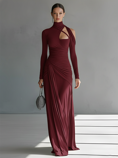 Women's Grey Silky Stretch Sophisticated Ruched Detail Cut-Out Maxi Dress