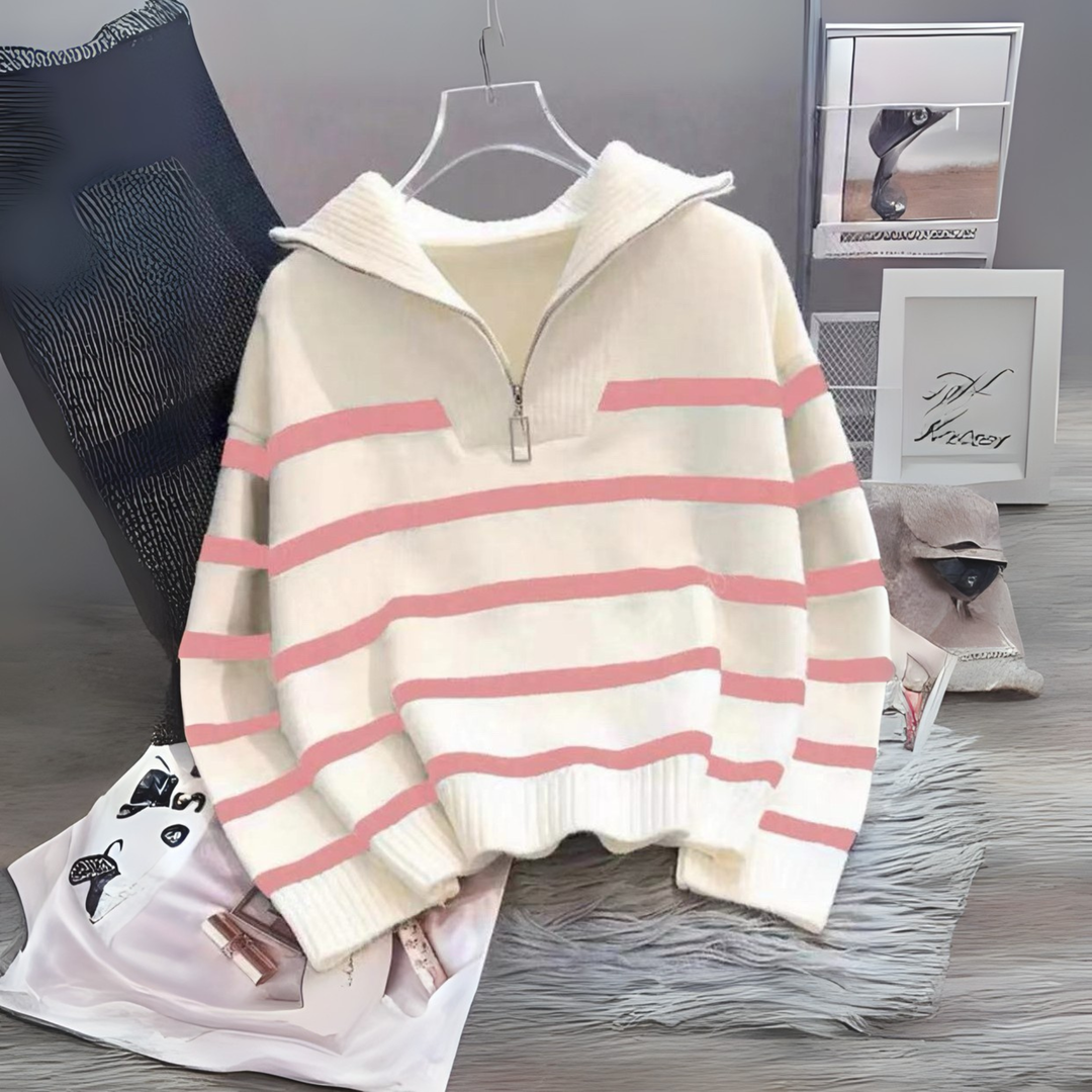 NEVAEH™ - Blusa Listrada Chic de Manga Longa com Gola