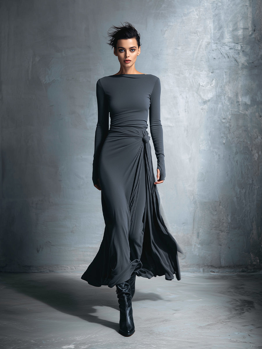 Vestido feminino cinza transpassado de tecido misto com stretch e acabamento requintado — vestido longo com nó