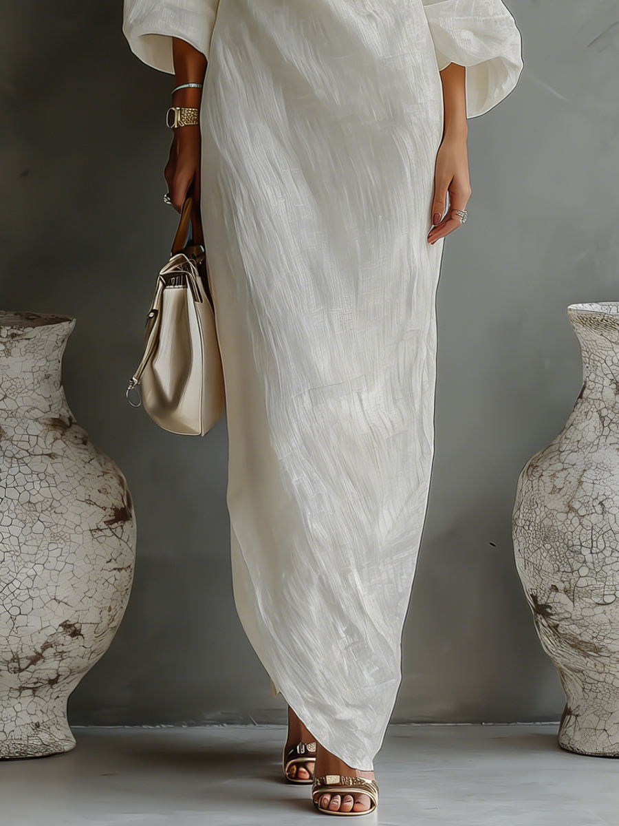 Vestido elegante feminino fluido de um ombro só, em mistura de algodão e linho branco-marfim