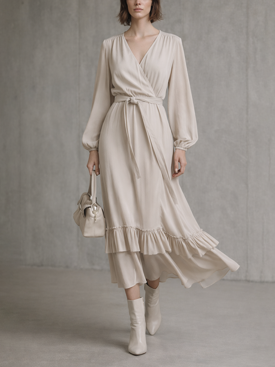 Vestido midi cruzado beige para mujer, de mezcla de algodón, con mangas largas y volantes