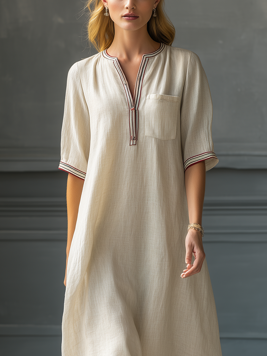 Vestido largo de lino y algodón beige para mujer, con ribete en contraste, escote en V y bajo con volantes