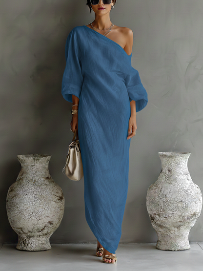 Vestido elegante feminino fluido de um ombro só, em mistura de algodão e linho branco-marfim