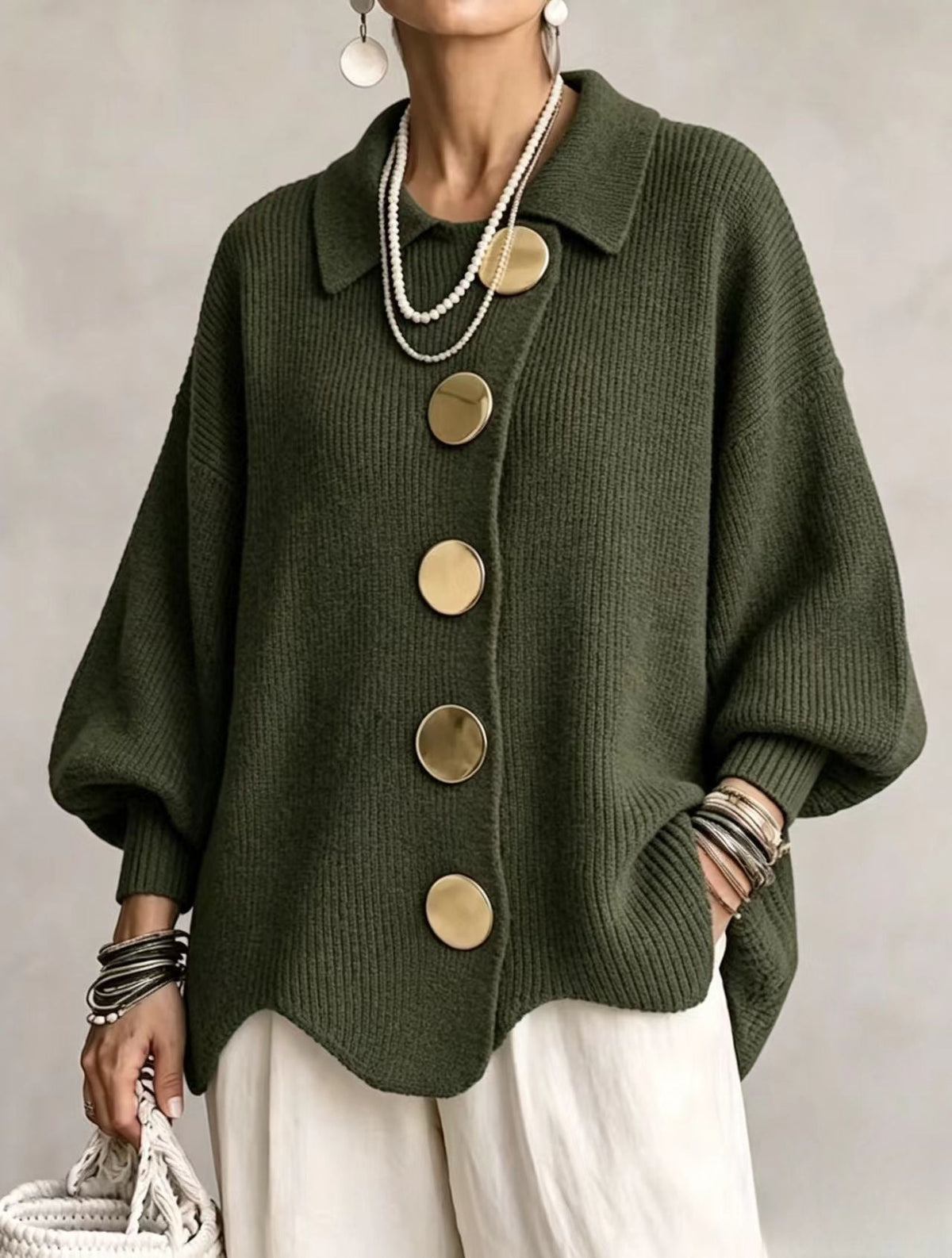 Button-Down Lapel Cardigan - Women's Fall Winter Sweater