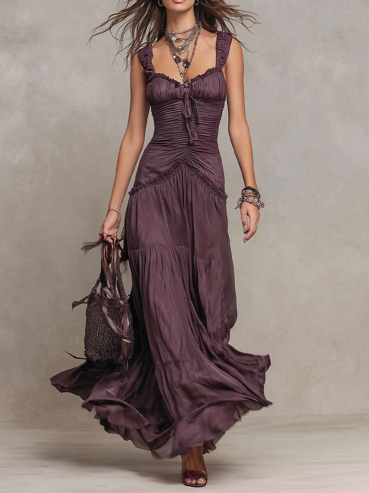 Vestido maxi de gasa con volantes bohemios, fruncido y en capas