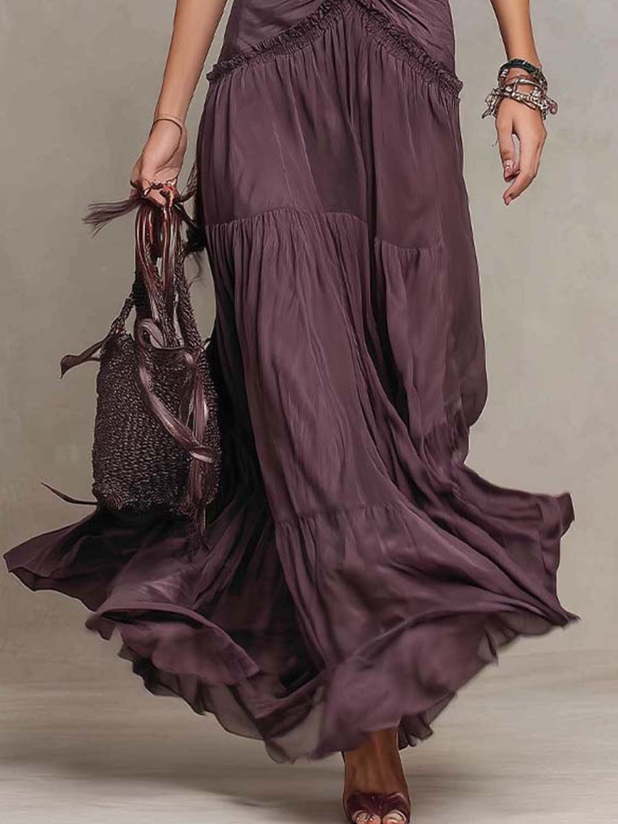 Vestido maxi de gasa con volantes bohemios, fruncido y en capas