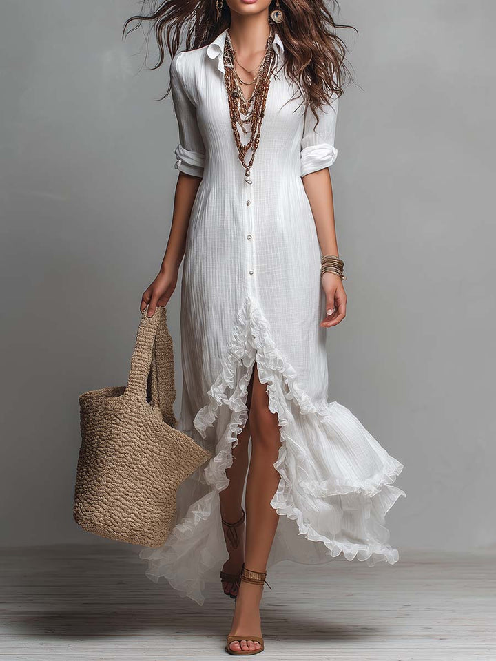 Boho-Leinen-Baumwoll-Maxikleid mit Knopfleiste und Rüschensaum