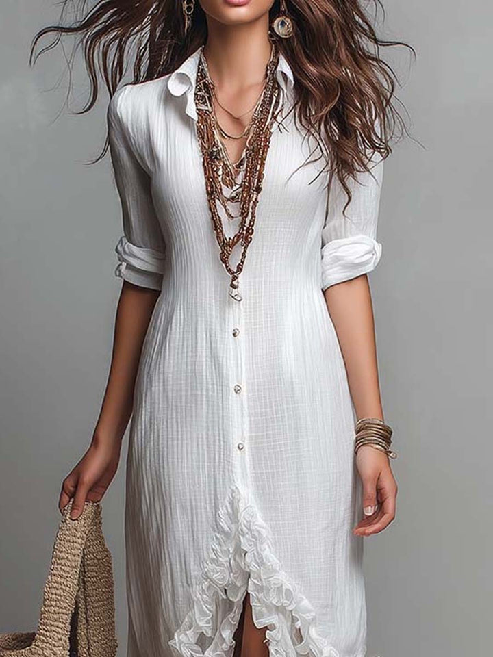 Boho-Leinen-Baumwoll-Maxikleid mit Knopfleiste und Rüschensaum
