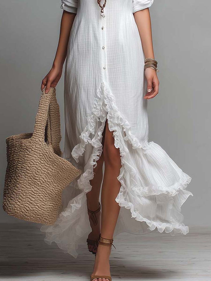 Boho-Leinen-Baumwoll-Maxikleid mit Knopfleiste und Rüschensaum