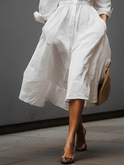 Weißes Leinenkleid für Damen mit Hemdkragen und elastischem Taillenbund – zeitloser, mühelos eleganter Stil