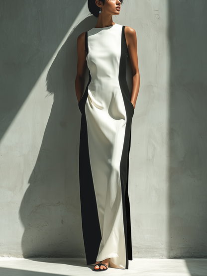 Schwarz-weißes ärmelloses Maxikleid für Damen mit figurbetontem Oberteil und Seitentaschen